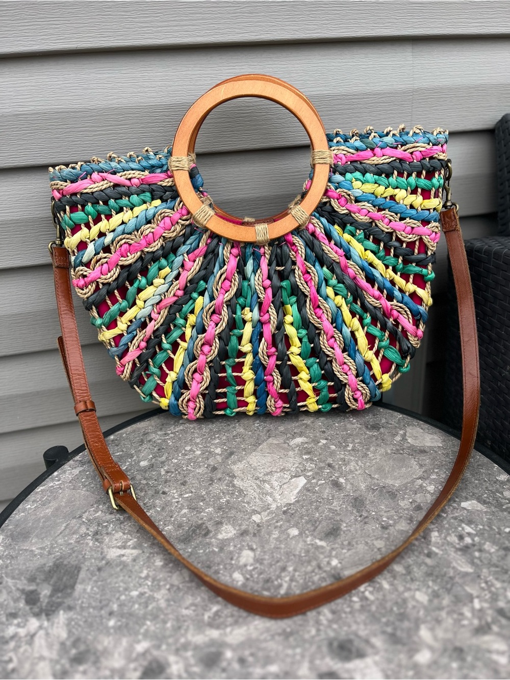 Patricia Nash Multicolor Braided Straw Shoulder Bag with Wooden Ring Handles - Picture 3 of 8